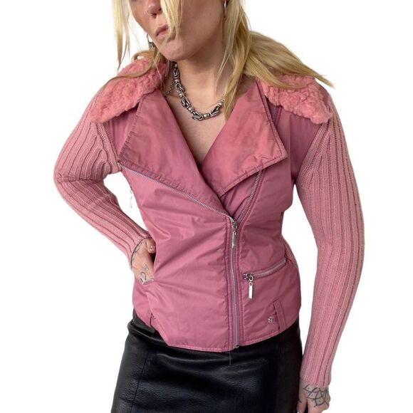 • Y2K DANCHINEE PINK KNIT MOTORCYCLE JACKET SIZE M - Picture 1 of 6